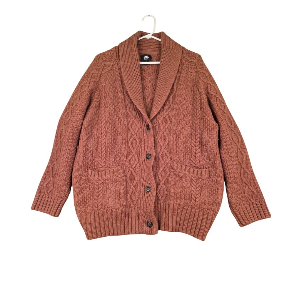 Roots‎ Mens Wool Cashmere Blend Cable Knit Shawl Collar Cardigan Rust Orange M